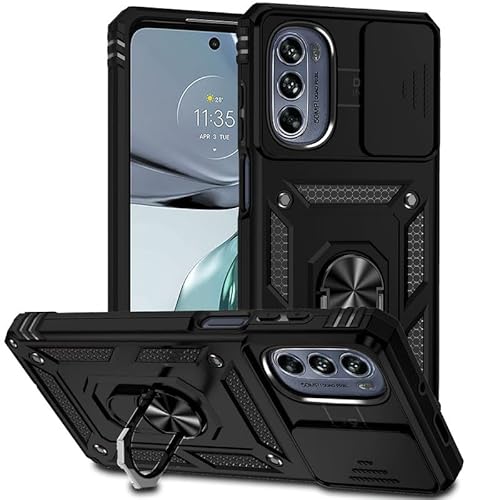 Nikaque Schutzhülle für Moto G62 5G, Schiebe-Kameraschutz, militrär stoßfest, mit Ringständer, unterstützt magnetische Autohalterung, robuste Rüstungsabdeckung für Motorola Moto G62 5G, Schwarz von Nikaque