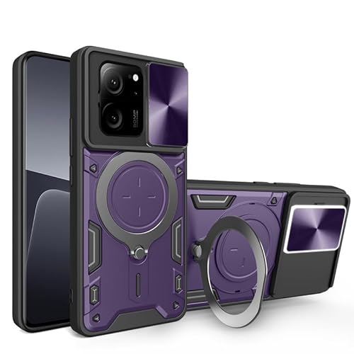 Nikaque Schutzhülle für Xiaomi 13T / Xiaomi 13T Pro, Schiebe-Kamera-Objektivabdeckung, Metallringhalter, Ständer, magnetische Schale, TPU-PC, zweilagig, strapazierfähig, stoßfest, Violett von Nikaque
