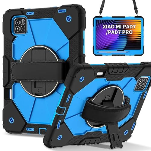 Schutzhülle für Xiaomi Pad 7/7 Pro 11,2 Zoll 2024 Tablet Hülle, Heavy Rugged Full Boby Schutz Stoßfest, 360° drehbarer Ständer, Handschlaufe, Schultergurt, Schwarz Blau von Nikaque