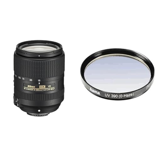 Nikon AF-S DX 18-300 mm 1:3,5-6,3G ED VR Reisezoom-Objektiv (inkl. LC-67 Frontdeckel und LF-4 Rückdeckel) Schwarz & Hama UV-Filter 67mm (Schutz-Filter mit 4-Fach Vergütung, inkl. Filterbox) von Nikon