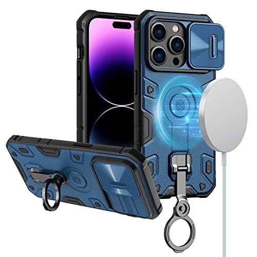 Nillkin CamShield Armor Kompatibel mit iPhone 14 Pro Hülle, Schutzhülle mit Kameraschutz und 360° Drehbarer Ständer, kompatibel mit MagSafe & Magnetische Autohalterung (Blau) von Nillkin
