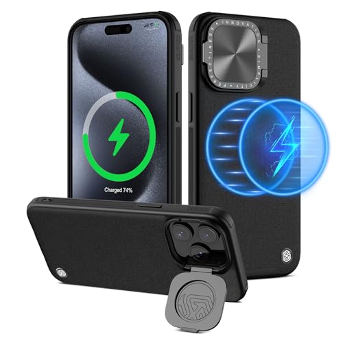 Nillkin MagSafe Hülle Kompatibel mit iPhone 15 Pro (6,1 Zoll), CamShield Prop Leder Handyhülle mit Kameraschutz & Kickstand [Metall-Linsenabdeckung], Anti-Spionage-Rüstung Magnetic Case, Schwarz von Nillkin