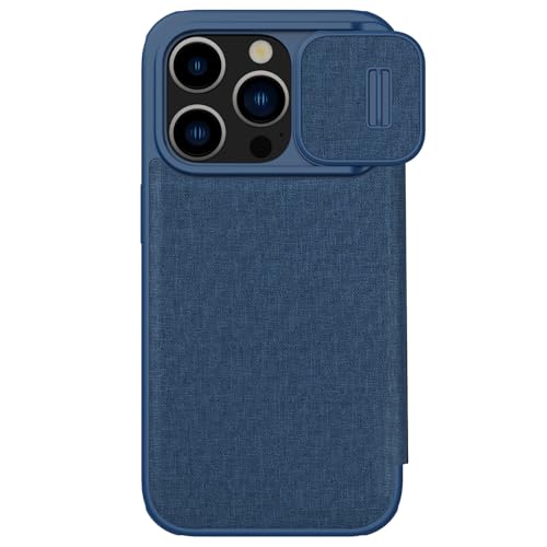Nillkin Qin Pro Cloth Hülle für das Apple iPhone 15 Pro - Book Case mit Kamera Slider - Platz für zwei Karten Blau von Nillkin