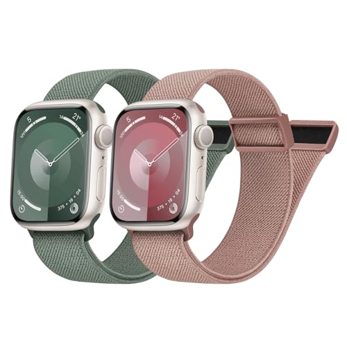 Elastisches Armband Kompatibel mit Apple Watch 45mm 44mm 42mm, Magnetisches Nylon Stoff Band für Apple Watch 9/SE/8/7/6/5/4/3/2/1, Altrosa/Altgrün von Nimblistic