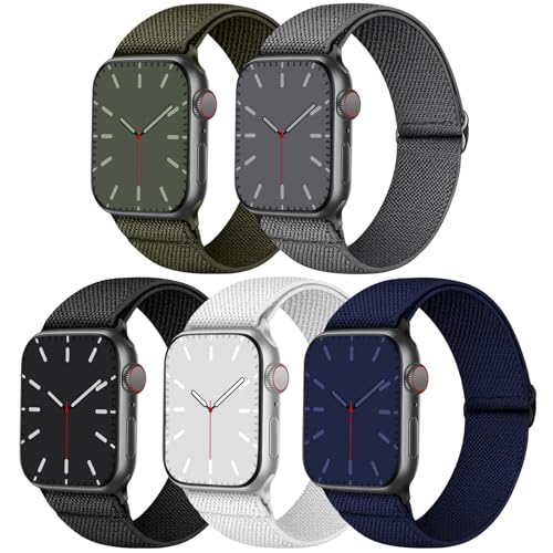 Elastisches Armband Kompatibel mit Apple Watch 45mm 44mm 42mm, Nylon Geflochtenes Stoff Band für Apple Watch 9/SE/8/7/6/5/4/3/2/1, 5er Packung von Nimblistic