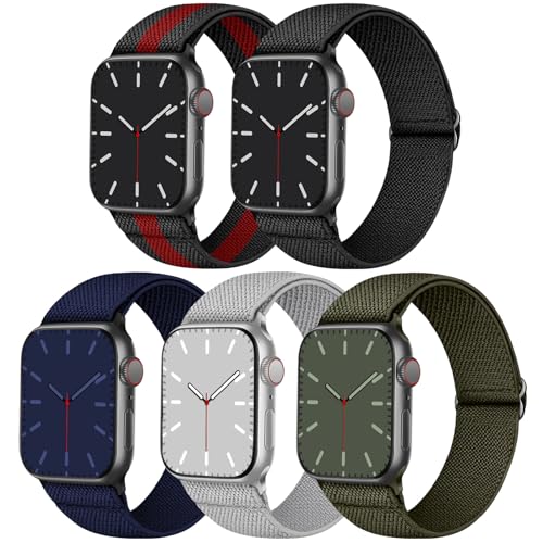 Elastisches Armband Kompatibel mit Apple Watch 45mm 44mm 42mm, Nylon Geflochtenes Stoff Band für Apple Watch 9/SE/8/7/6/5/4/3/2/1, 5er Packung von Nimblistic