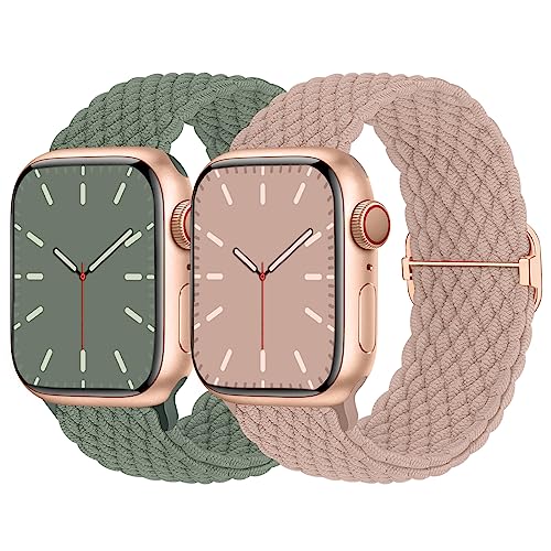 Nimblistic Geflochtenes Armband Kompatibel mit Apple Watch 38mm 40mm 41mm, Elastisches Nylon Armband für Apple Watch Series 9/8/7/6/SE/5/4/3/2/1/SE, Sand Rosa+Altgrün von Nimblistic