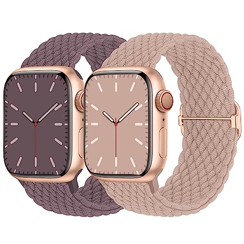 Nimblistic Geflochtenes Armband Kompatibel mit Apple Watch 42mm 44mm 45mm 49mm, Elastisches Nylon Armband für Apple Watch Series 9/8/7/6/SE/5/4/3/2/1/Ultra/SE, Sand Rosa+Rauchlila von Nimblistic