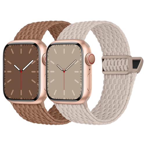 Nimblistic Kompatibel mit Apple Watch Armband Geflochten 45mm 44mm 42mm, Elastisches Nylon Stoff Band mit Magnetverschluss für Apple Watch 9 8 7 6 5 4 3 2 1 SE, Khaki/Milchtee von Nimblistic