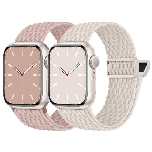 Nimblistic Kompatibel mit Apple Watch Armband Geflochten 45mm 44mm 42mm, Elastisches Nylon Stoff Band mit Magnetverschluss für Apple Watch 9 8 7 6 5 4 3 2 1 SE, Sand Rosa/Polarstern von Nimblistic