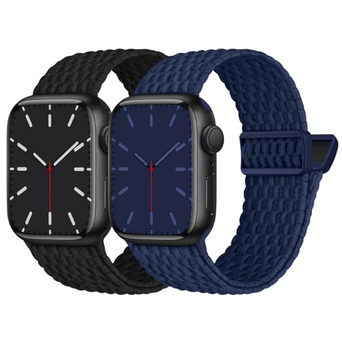 Nimblistic Kompatibel mit Apple Watch Armband Geflochten 45mm 44mm 42mm, Elastisches Nylon Stoff Band mit Magnetverschluss für Apple Watch 9 8 7 6 5 4 3 2 1 SE, Schwarz/Blau von Nimblistic