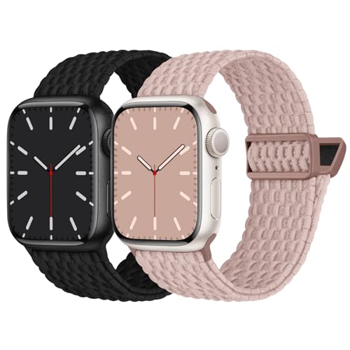 Nimblistic Kompatibel mit Apple Watch Armband Geflochten 45mm 44mm 42mm, Elastisches Nylon Stoff Band mit Magnetverschluss für Apple Watch 9 8 7 6 5 4 3 2 1 SE, Schwarz/Sand Rosa von Nimblistic