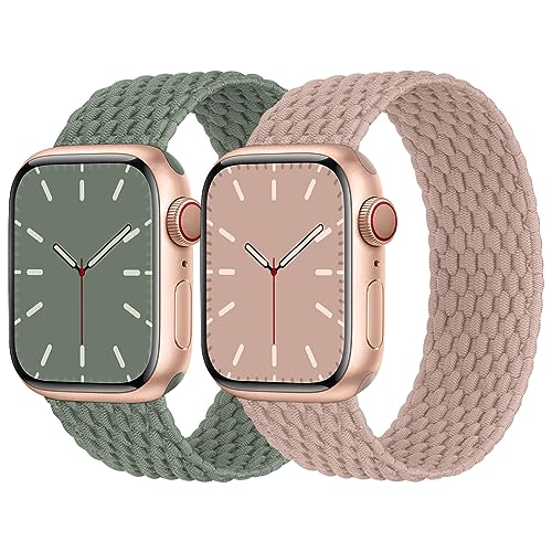 Solo Loop Geflochtenes Armband Kompatibel mit Apple Watch 38mm 40mm 41mm, Nylon Elastisches Band für Apple Watch 9 8 SE 7 6 5 4 3 2 1, Sand Rosa/Altgrün M von Nimblistic