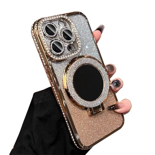 Nimedala Luxuriöse Glitzer-Diamant-Hülle mit magnetischem Spiegelhalter für iPhone 16/15/14/13/12 Pro Max Plus (for iPhone 16Pro,Gold) von Nimedala