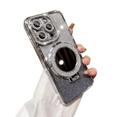 Nimedala Luxuriöse Glitzer-Diamant-Hülle mit magnetischem Spiegelhalter für iPhone 16/15/14/13/12 Pro Max Plus (for iPhone 16Pro,Silver) von Nimedala