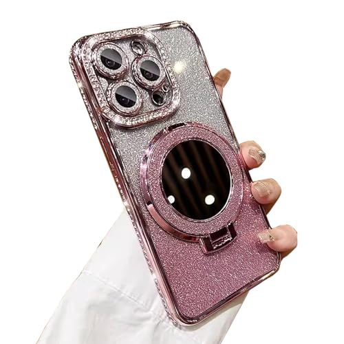 Nimedala Luxuriöse Glitzer-Diamant-Hülle mit magnetischem Spiegelhalter für iPhone 16/15/14/13/12 Pro Max Plus (for iPhone 16Promax,Pink) von Nimedala