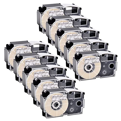 NineLeaf 10 Packung Ersatz für Casio EZ XR24X XR-24X AR-24X XR-24X2S XR24X2S 24mm x 8m Bänder Schwarz auf Transparent Schriftband für KL-820 KL-7000 KL-7200 KL-8100 KL-8200 KL-C500 Beschriftungsgerät von NineLeaf