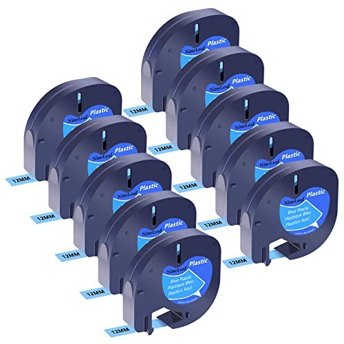 NineLeaf 10 Packung Ersatz für Dymo Letratag 91225 91205 91335 59426 S0721650 12mm x 4m Bänder Schwarz auf Blau Schriftband für LT-100H LT-100T LT-110T Plus QX50 XR XM 2000 Beschriftungsgerät von NineLeaf