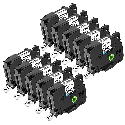 NineLeaf 10 x Kompatibel für Brother P-touch TZe-251 TZe251 TZ-251 TZ251 AZe-251 TZE Schriftband 24mm 0.94'' Schwarz auf weiß Laminiert Etikettenband für Ptouch PT-D600 D600VP E500 Beschriftungsgerät von NineLeaf