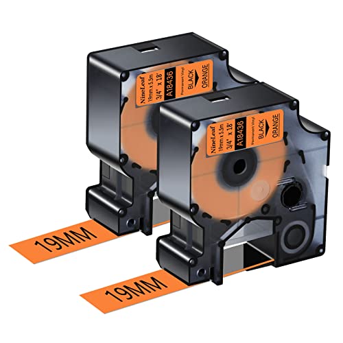 NineLeaf 2 Packung Ersatz für Dymo IND 18436 A18436 19mm x 5.5m Bänder Schwarz auf Orange Vinyl Permanentes Industrie Schriftband für Rhino 4200 5200 5000 6000 ILP 3M PL150 PL200 Beschriftungsgerät von NineLeaf