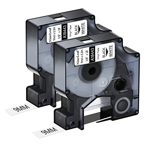 NineLeaf 2 Packung Ersatz für Dymo IND 18443 A18443 9mm x 5.5m Bänder Schwarz auf Weiß Vinyl Permanentes Industrie Schriftband für Rhino 1000 4200 5200 ILP 219 3M PL100 PL150 Beschriftungsgerät von NineLeaf