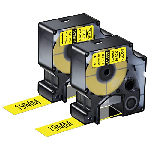 NineLeaf 2 x Kompatibel für Dymo D1 45808 S0720880 A45808 Schriftband 19mm 3/4'' Schwarz auf Gelb Etikettenband für LabelManager 300 350 350D 360D 400 420P 450 450D 500TS Beschriftungsgerät von NineLeaf