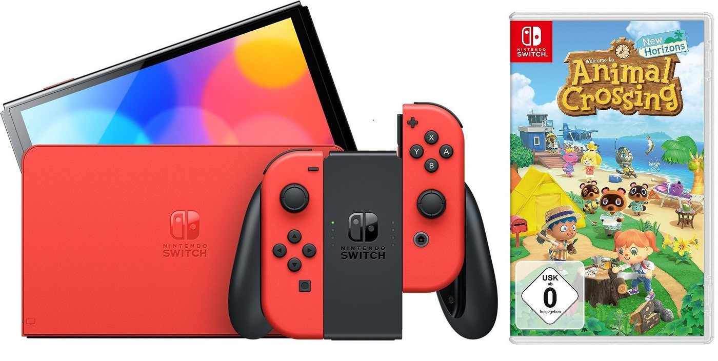 Nintendo Switch Konsole OLED Super Mario Edition Rot (Bundle, inkl. Animal Crossing: New Horizons), Handheld Spielekonsole Bundle Set von Nintendo Switch