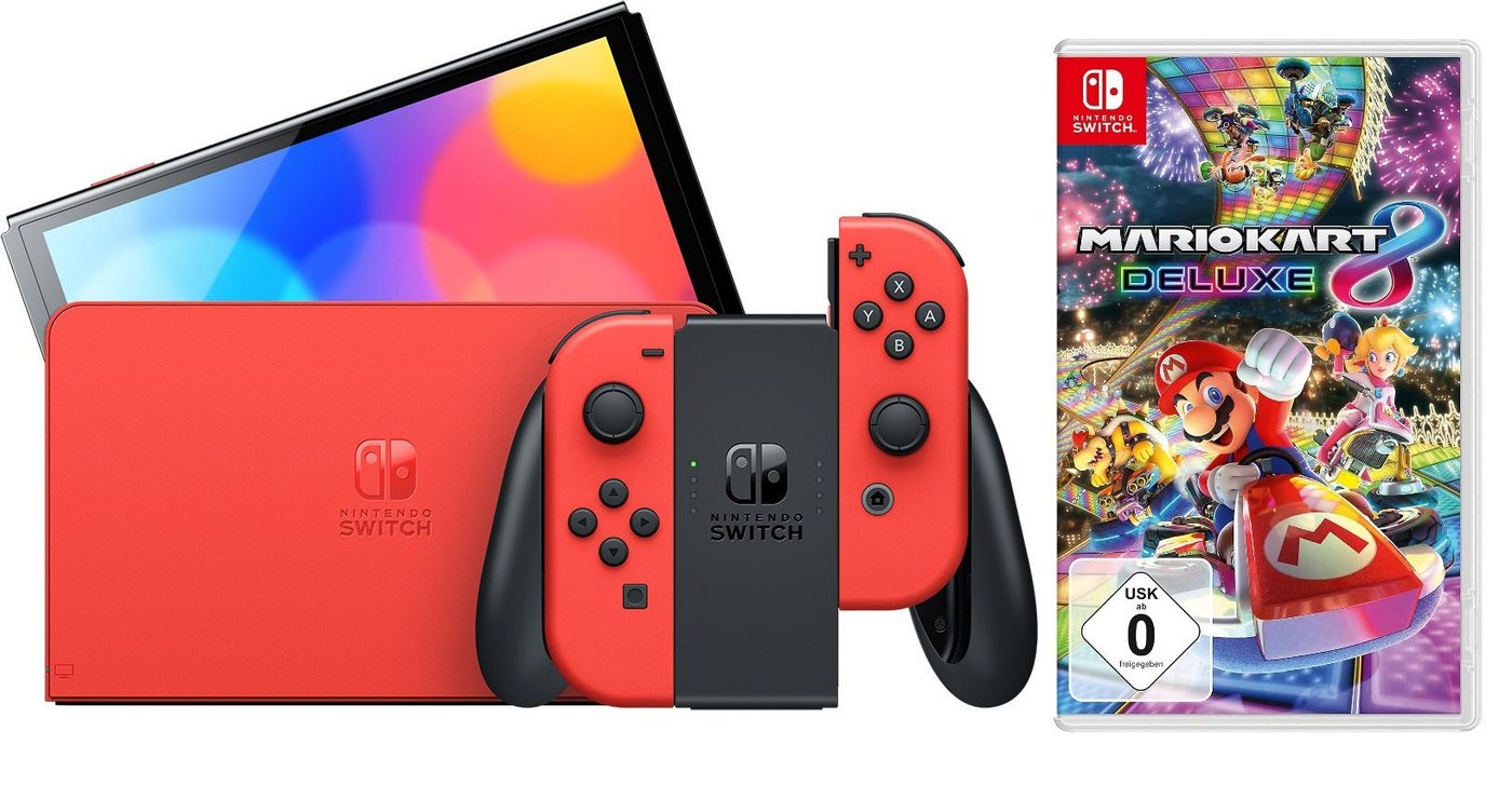 Nintendo Switch Konsole OLED Super Mario Edition Rot (Bundle, inkl. Mario Kart 8 Deluxe), Handheld Spielekonsole Bundle Set von Nintendo Switch