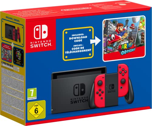 Nintendo Switch-Konsole (rot) + Spiel Super Mario Odyssey als Downloadcode + Der Super Mario Bros. Film-Aufkleber von Nintendo