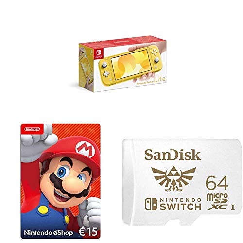 Nintendo Switch Lite, Standard, gelb + Nintendo eShop Card | 15 EUR Guthaben | Download Code + SanDisk microSDXC UHS-I-Karte für Nintendo Switch 64 GB von Nintendo