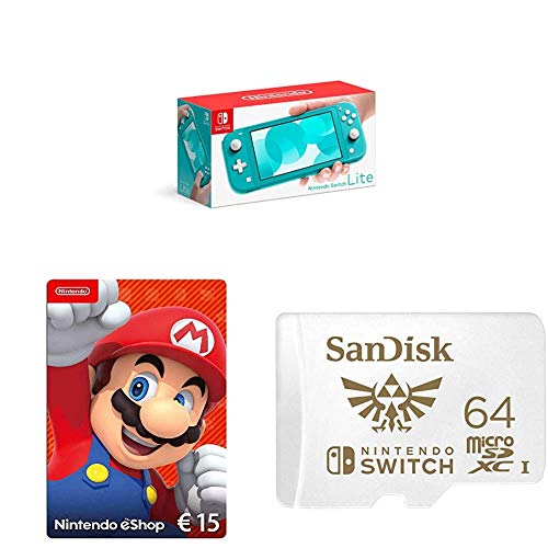 Nintendo Switch Lite, Standard, türkis-blau + Nintendo eShop Card | 15 EUR Guthaben | Download Code + SanDisk microSDXC UHS-I-Karte für Nintendo Switch 64 GB von Nintendo