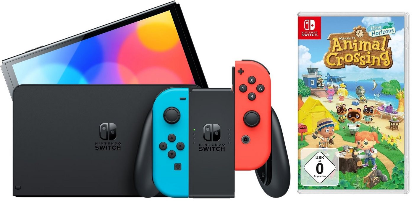 Nintendo Switch OLED Konsole Schwarz Blau Rot (Bundle, inkl. Animal Crossing: New Horizons Spiel), Handheld Spielekonsole Neonrot/Neonblau Set von Nintendo