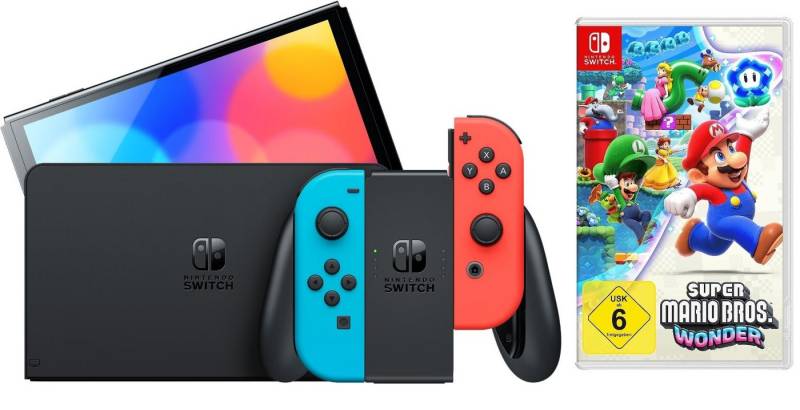 Nintendo Switch OLED Konsole Schwarz Blau Rot (Bundle, inkl. Super Mario Bros. Wonder Spiel), Handheld Spielekonsole Neonrot/Neonblau Set von Nintendo