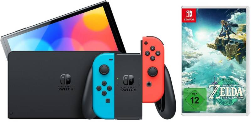 Nintendo Switch OLED Konsole Schwarz Blau Rot (Bundle, inkl. The Legend of Zelda: Tears of the Kingdom Spiel), Handheld Spielekonsole Neonrot/Neonblau Set von Nintendo