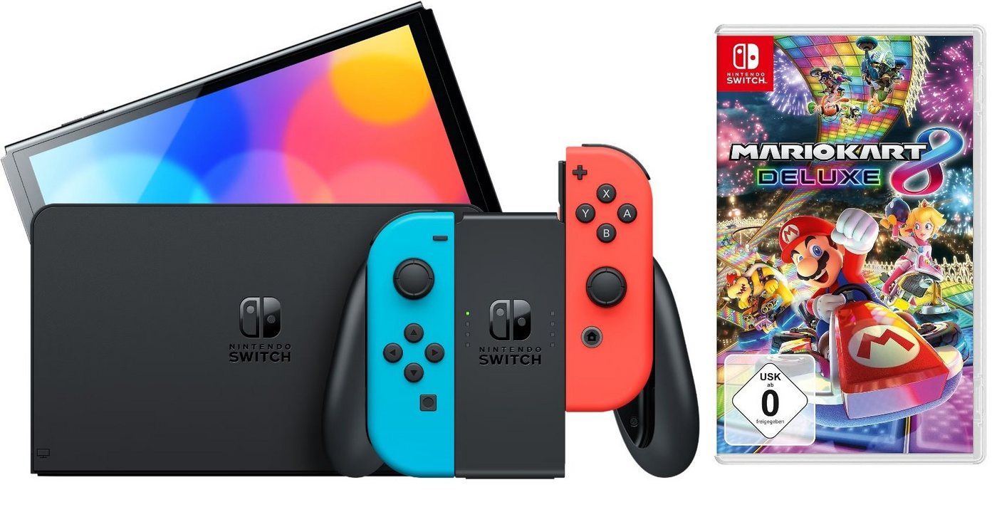 Nintendo Switch OLED Konsole Schwarz Blau Rot (inkl. Mario Kart 8 Deluxe Spiel), Handheld Spielekonsole Neonrot/Neonblau Set von Nintendo