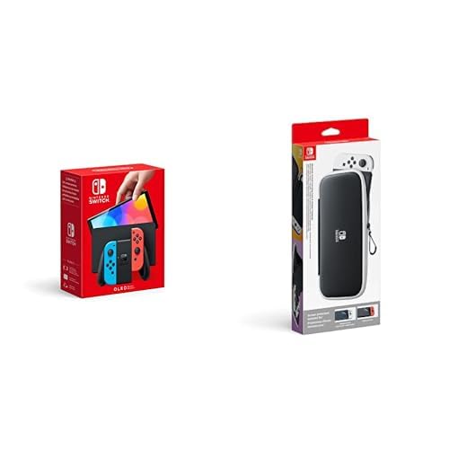 Nintendo Switch-Tasche & -Schutzfolie - Schwarz/Weiß + Konsole (OLED-Modell) Neon-Rot/Neon-Blau von Nintendo