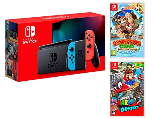 Nintendo Switch rot/blau neon 32 GB Pack + Super Mario Odyssey + Donkey Kong: Tropical Freeze von Nintendo