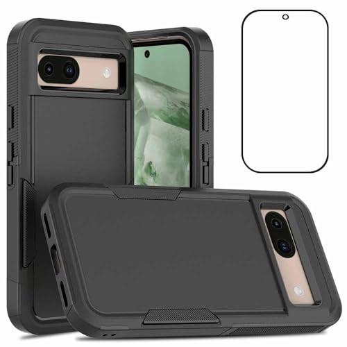 Niopiee für Google Pixel 8A 5G Hülle Dual Layer Hard Stoßfeste Schutzhülle mit gehärtetem Glas Screen Protector Heavy Duty Hybrid Ganzkörper Anti-Kratzer Anti-Rutsch Handyhülle Schwarz von Niopiee