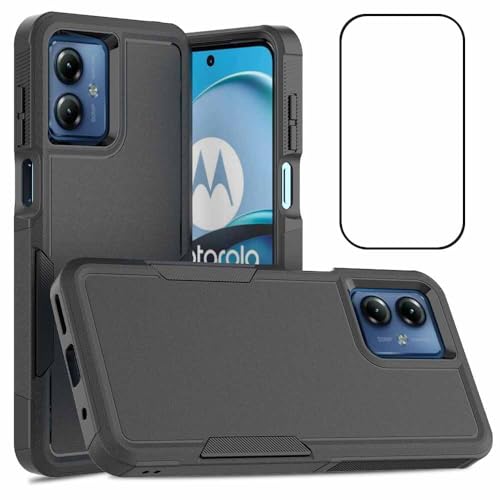 Niopiee für Moto G14 Hülle Dual Layer Hard Stoßfeste Schutzhülle mit gehärtetem Glas Screen Protector Heavy Duty Hybrid Ganzkörper Anti-Kratzer Anti-Rutsch Handyhülle Schwarz von Niopiee