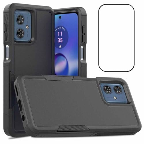 Niopiee für Moto G54 Hülle Dual Layer Hard Stoßfeste Schutzhülle mit gehärtetem Glas Screen Protector Heavy Duty Hybrid Ganzkörper Anti-Kratzer Anti-Rutsch Handyhülle Schwarz von Niopiee