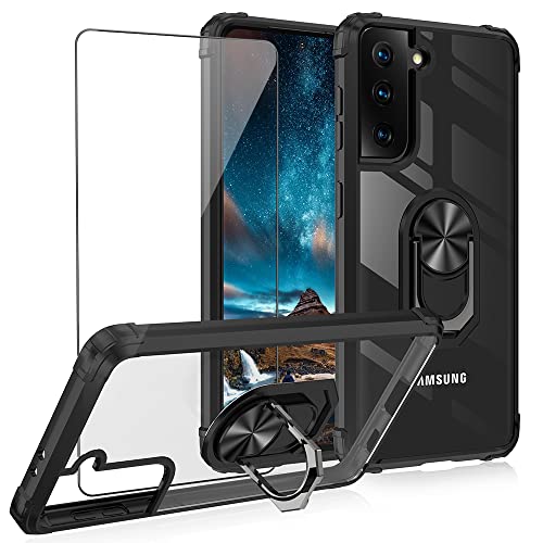 Niopiee für Samsung Galaxy S21 FE Hülle Schlank Klar Stoßfest Handyhülle Ring Ständer mit gehärtetem Glas Bildschirmschutz Ganzkörper Anti-Kratzer Handycase Heavy Duty Schutzhülle Schwarz von Niopiee