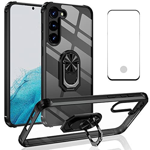 Niopiee für Samsung Galaxy S23 5G Hülle Schlank Klar Stoßfest Handyhülle Ring Ständer mit gehärtetem Glas Bildschirmschutz Ganzkörper Anti-Kratzer Handycase Hybrid Heavy Duty Schutzhülle Schwarz von Niopiee