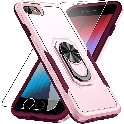 Niopiee für iPhone SE 2022/2020 Hülle Heavy Duty Stoßfeste Schutzhülle Ringhalter mit gehärtetem Panzerglas Schutzfolie Hybrid Ganzkörper Anti-Kratzer Ständer Handyhülle für iPhone 7 8 Rosa von Niopiee