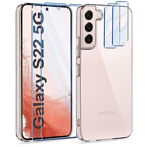 Niphabe 5 in 1 Handyhülle Kompatibel mit Samsung Galaxy S22 Hülle mit 2 Stück Schutzfolie und 2 Stück Kamera Schutzfolie, Soft Silikon TPU Kompatibel mit Samsung Galaxy S22 5G (Clear) von Niphabe
