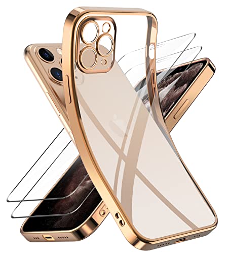 Niphabe Handyhülle für iPhone 11 Pro Hülle mit Kameraschutz, Original Silikon mit 2 Schutzfolie,Niemals Gelb Ultra Dünn Crystal Clear Schutzhülle für iPhone 11 Pro 5.8'' Golden von Niphabe