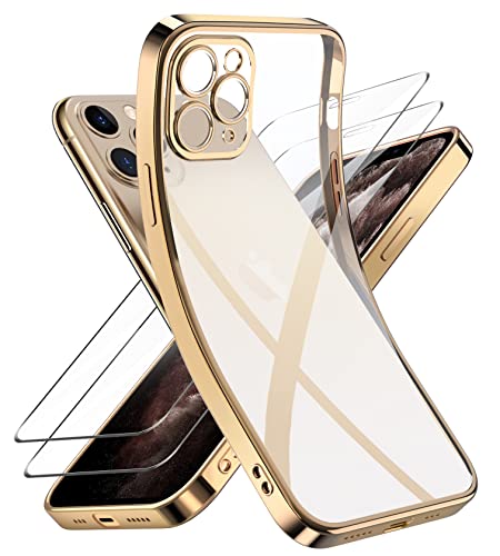 Niphabe Handyhülle für iPhone 11 Pro Max Hülle mit Kameraschutz, Original Silikon mit 2 Hartglas Schutzfolie, Niemals Gelb Ultra Dünn Clear Schutzhülle für iPhone 11 Pro Max 6.5'' Golden von Niphabe