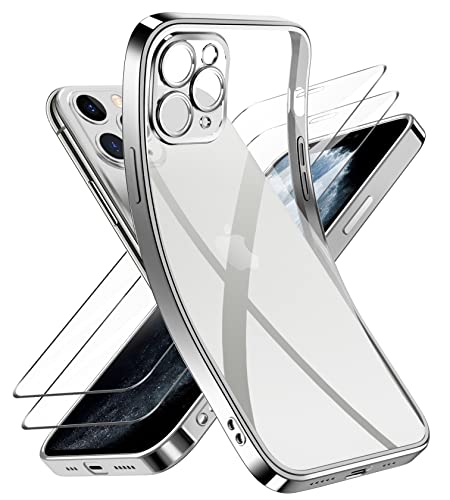 Niphabe Handyhülle für iPhone 11 Pro Max Hülle mit Kameraschutz, Original Silikon mit 2 Hartglas Schutzfolie, Niemals Gelb Ultra Dünn Clear Schutzhülle für iPhone 11 Pro Max 6.5'' Silber von Niphabe