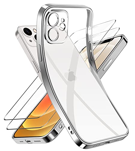 Niphabe Handyhülle für iPhone 12 Hülle mit Kameraschutz, Original Silikon mit 2 Schutzfolie,Niemals Gelb Ultra Dünn Crystal Clear Schutzhülle für iPhone 12 (Silber) von Niphabe