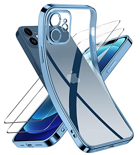 Niphabe Handyhülle für iPhone 12 Hülle mit Kameraschutz, Original Silikon mit 2 Schutzfolie,Niemals Gelb Ultra Dünn Crystal Clear Schutzhülle für iPhone 12 6.1'' Blau von Niphabe