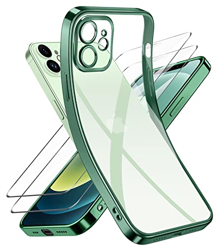 Niphabe Handyhülle für iPhone 12 Hülle mit Kameraschutz, Original Silikon mit 2 Schutzfolie,Niemals Gelb Ultra Dünn Crystal Clear Schutzhülle für iPhone 12 6.1'' Grün von Niphabe